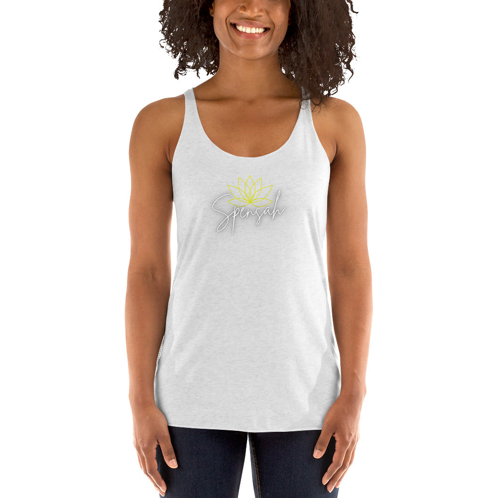 a woman wearing a white tank top with a yellow flower on it