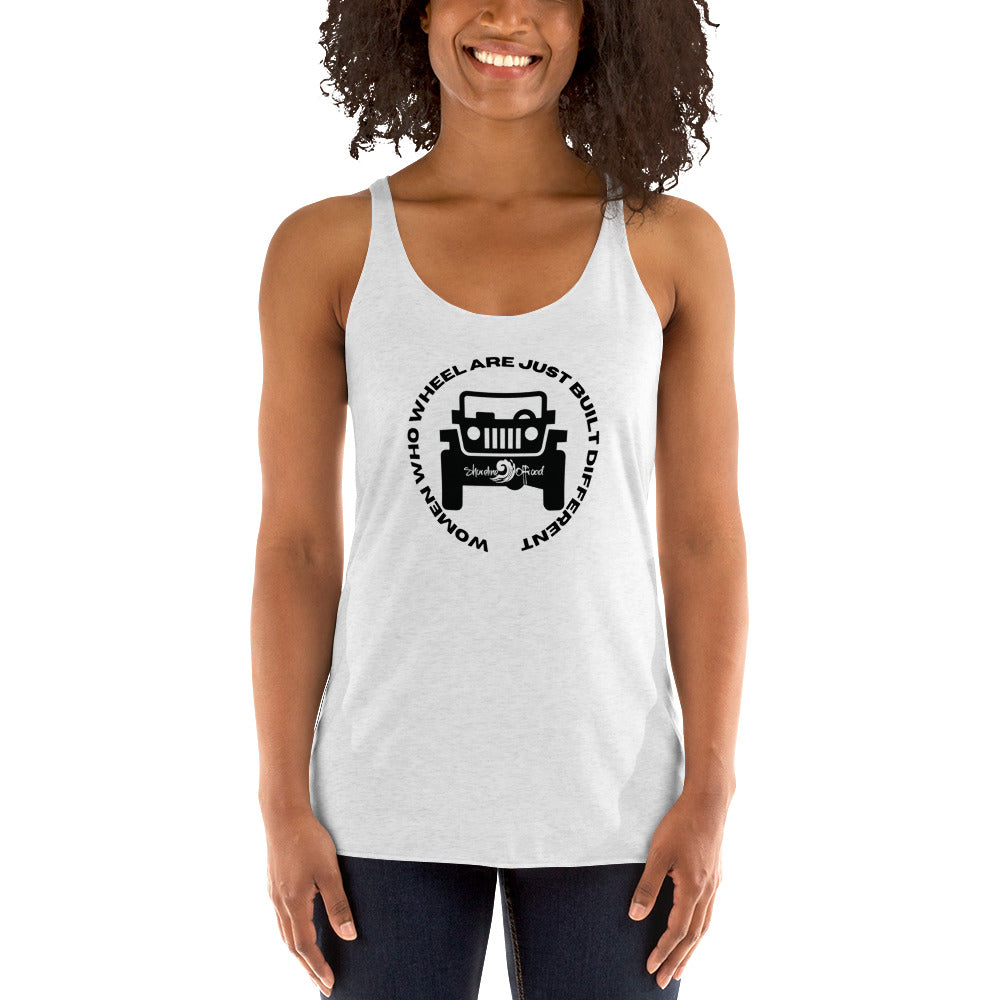 a woman wearing a white tank top with a jeep logo