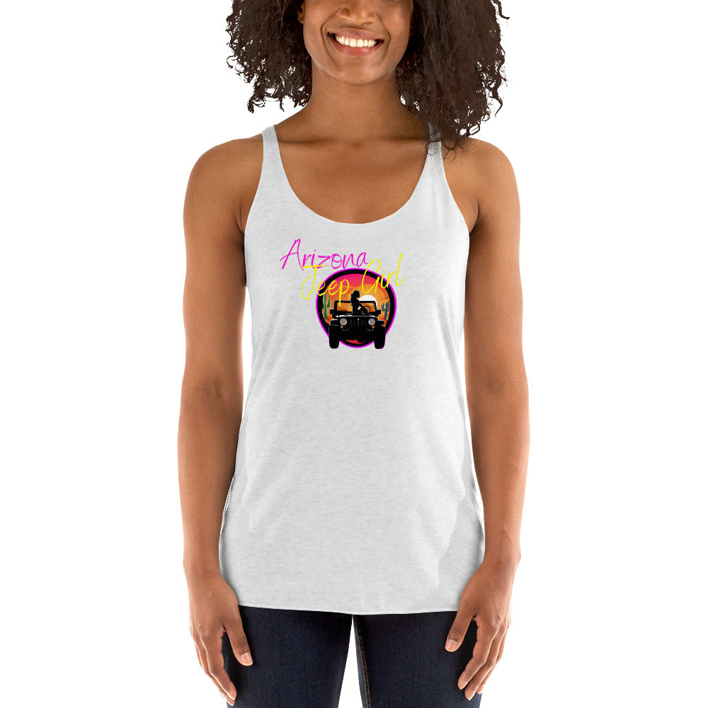 a woman wearing a white tank top with an image of a jeep