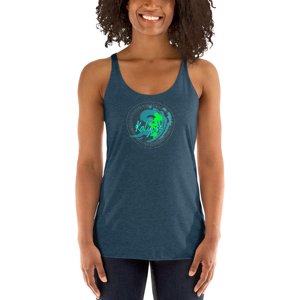 a woman wearing a blue tank top with a green logo