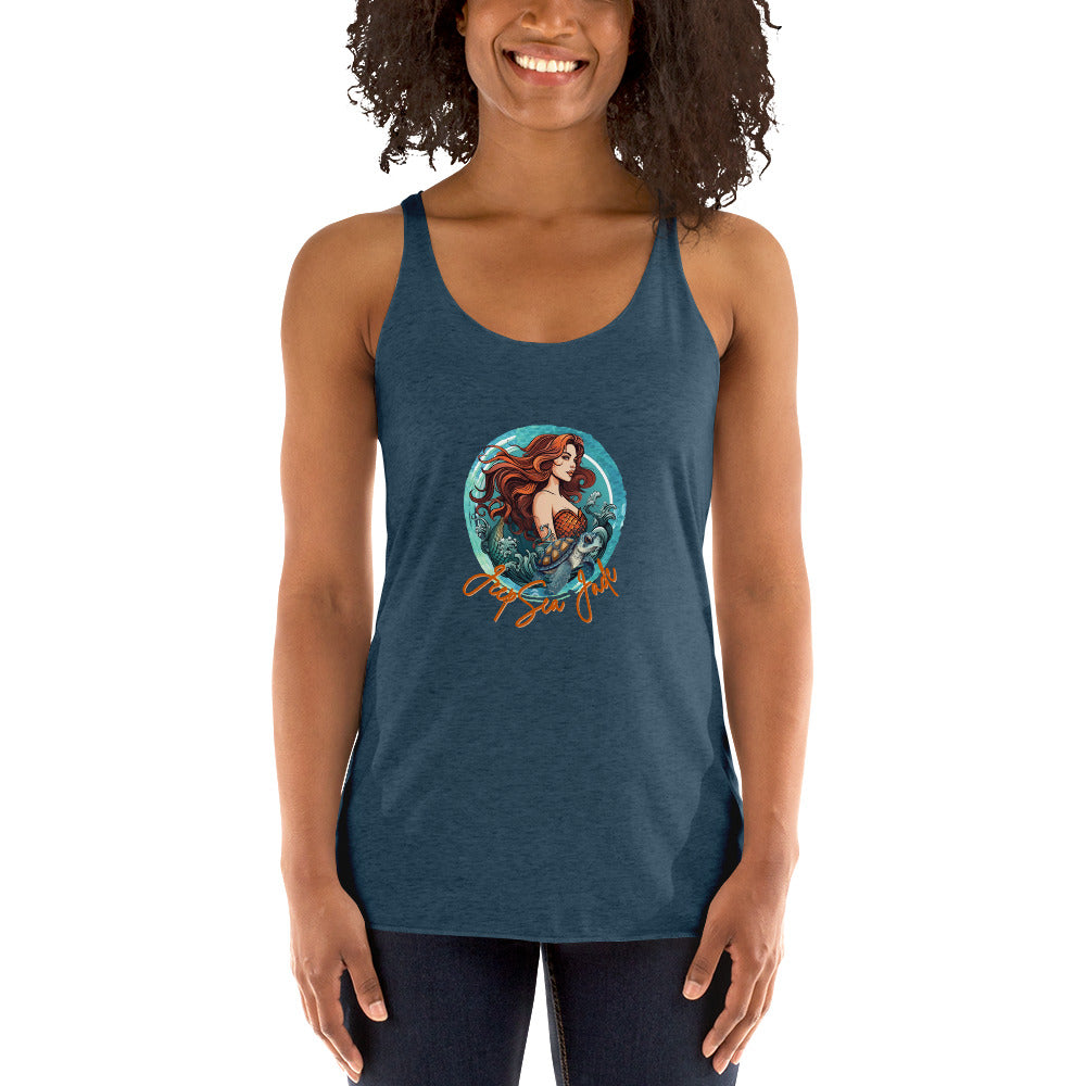 a woman wearing a tank top with a picture of a mermaid