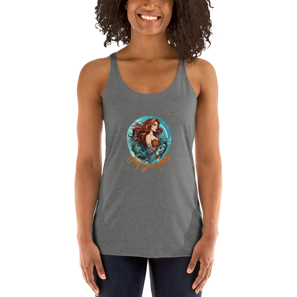 a woman wearing a tank top with a picture of a mermaid