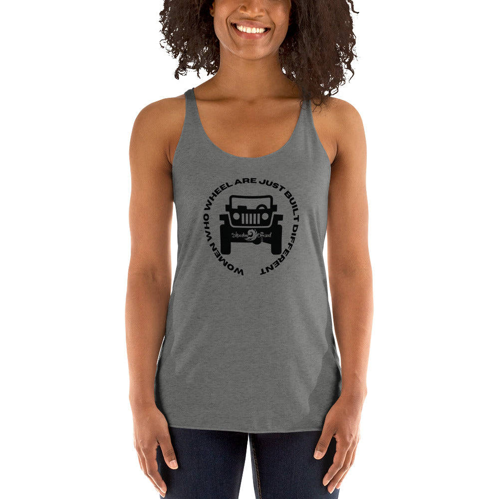 a woman wearing a tank top with a jeep on it