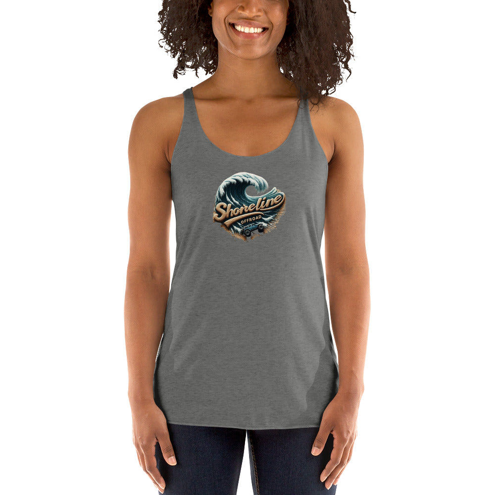 a woman wearing a tank top with a surf life logo on it