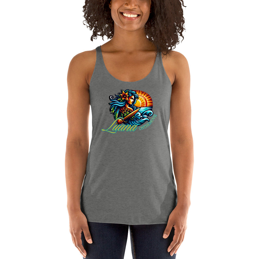 a woman wearing a tank top with a colorful bird on it