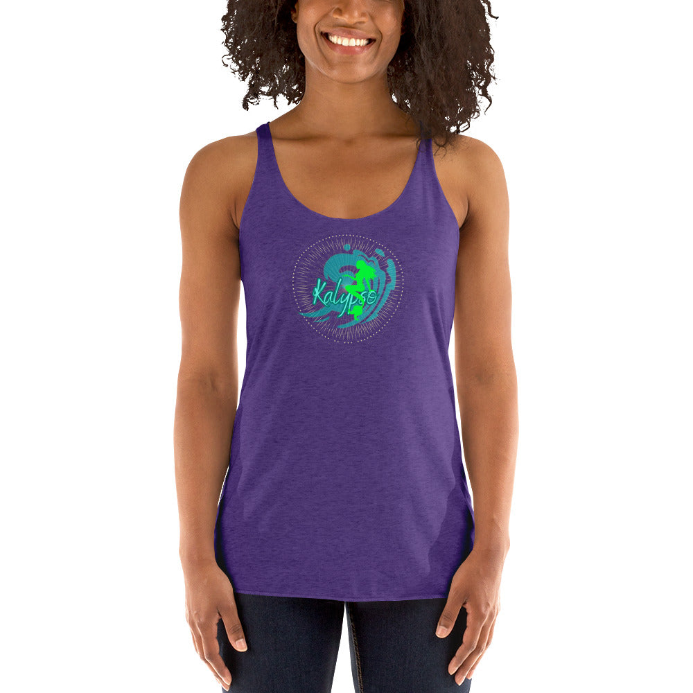 a woman wearing a purple tank top with a green logo