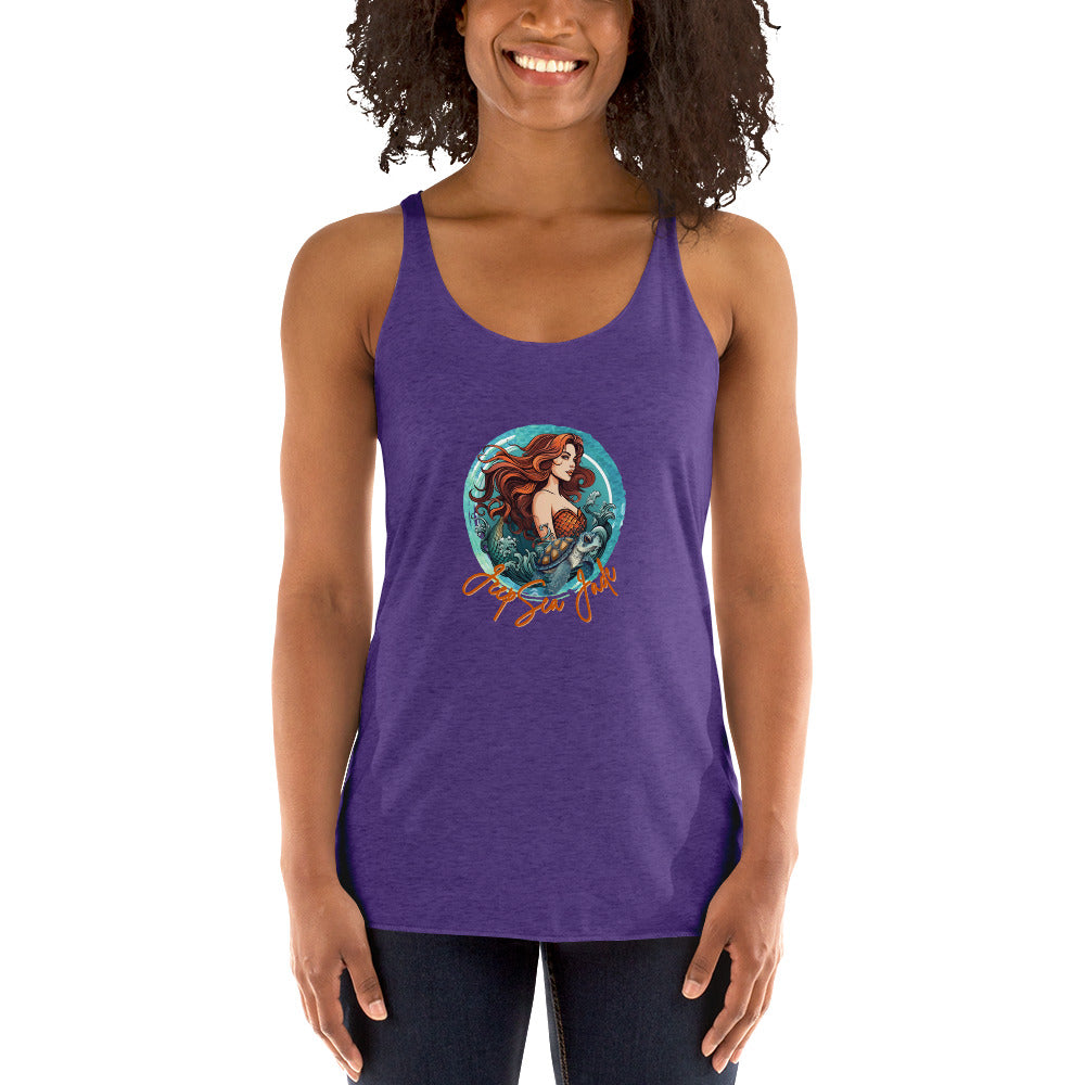 a woman wearing a purple tank top with a picture of a mermaid