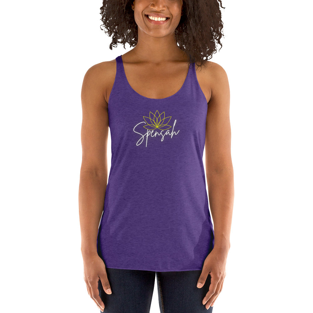 a woman wearing a purple tank top with a lotus on it