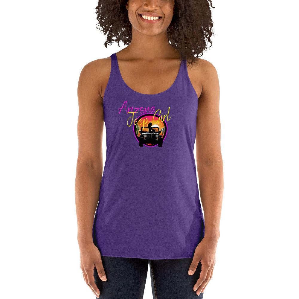 a woman wearing a purple tank top with an image of a sunset