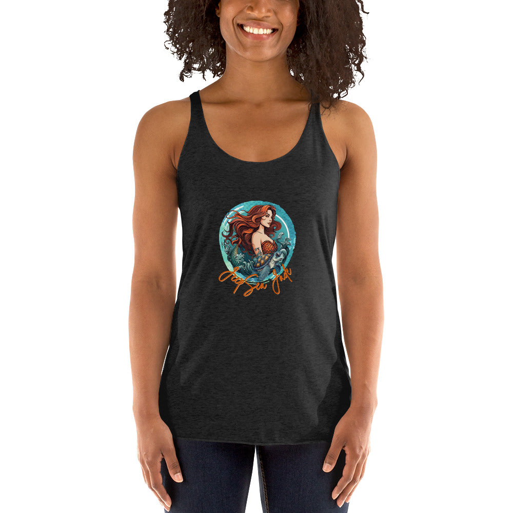 a woman wearing a tank top with a picture of a mermaid