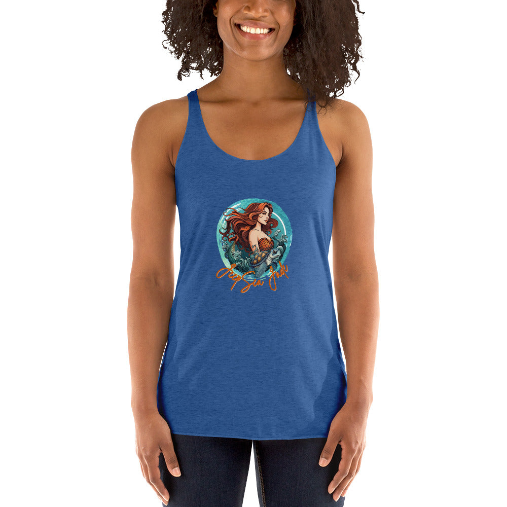 a woman wearing a blue tank top with a picture of a mermaid