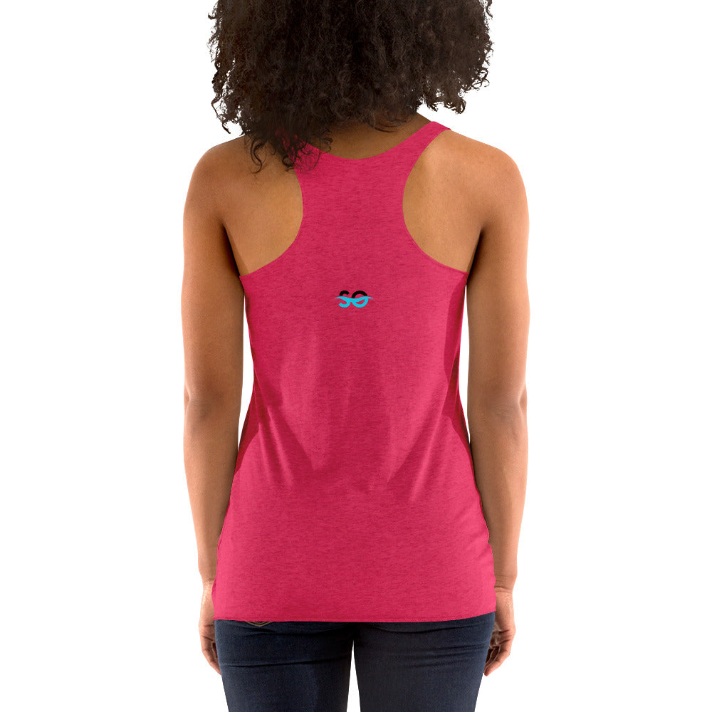 a woman wearing a pink tank top with a blue logo