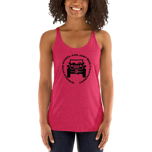 a woman wearing a pink tank top with a jeep on it