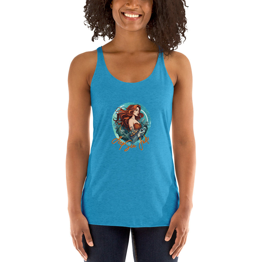 a woman wearing a blue tank top with a picture of a mermaid