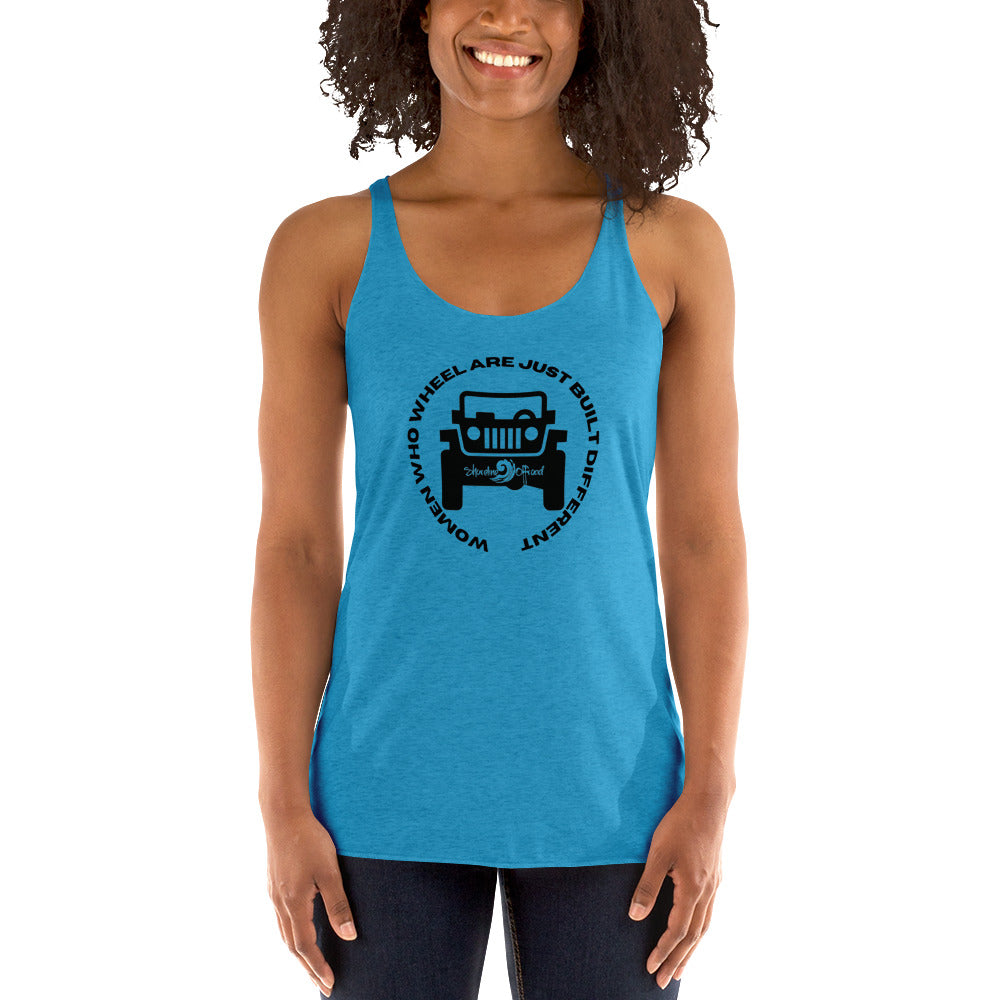 a woman wearing a blue tank top with an image of a tractor