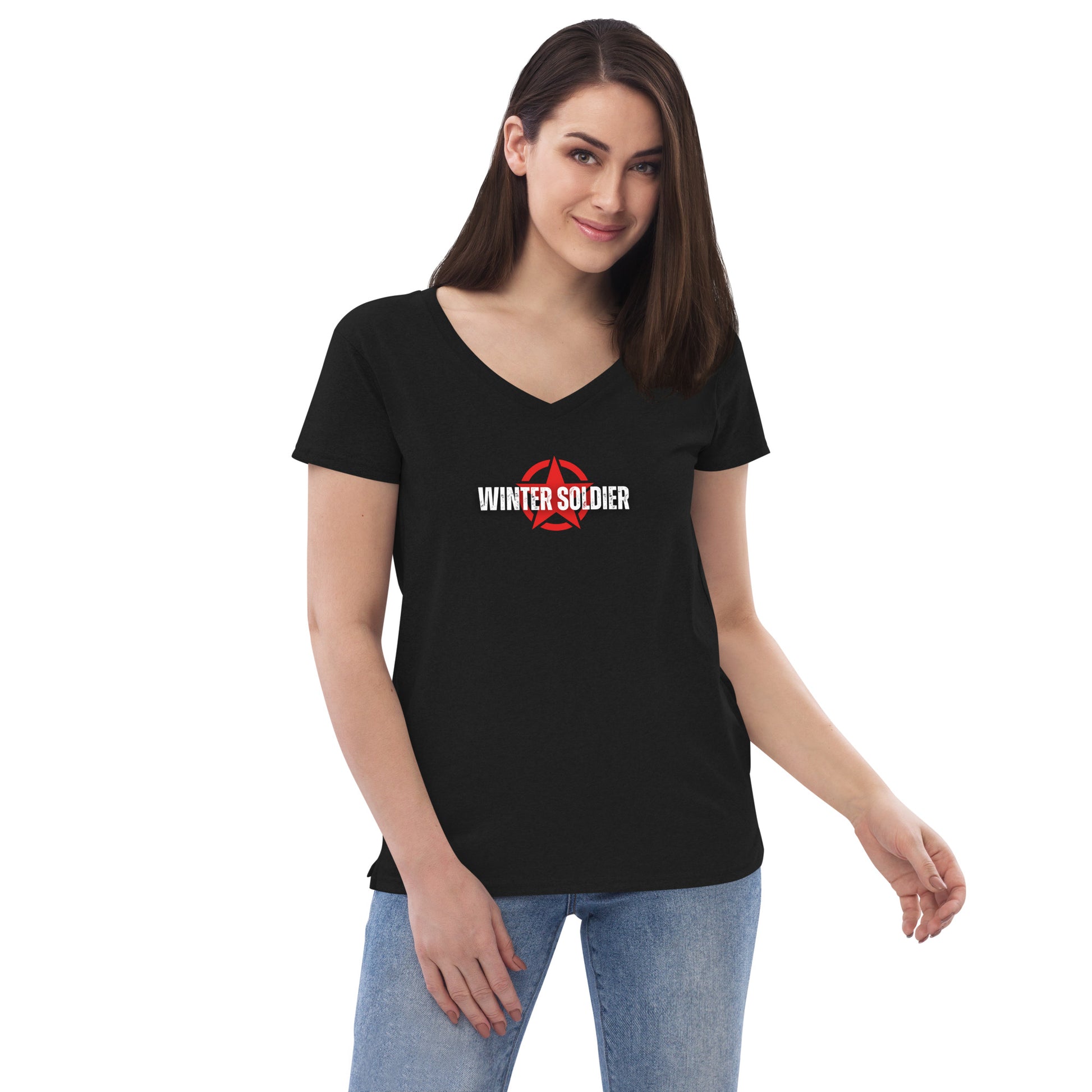 a woman wearing a black v - neck shirt with the words winter soldier on it