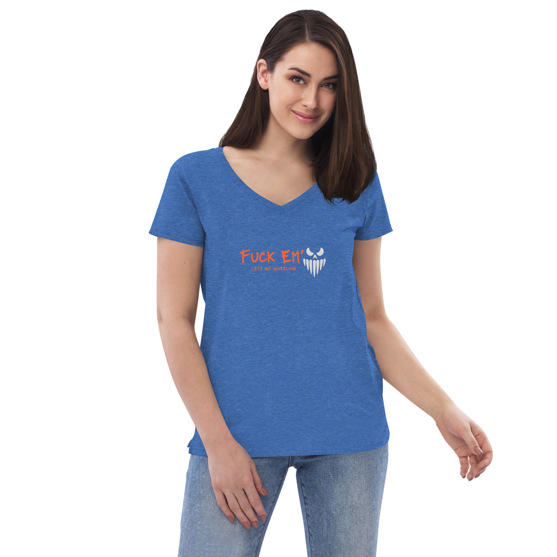 a woman wearing a blue t - shirt with the words free energy printed on it