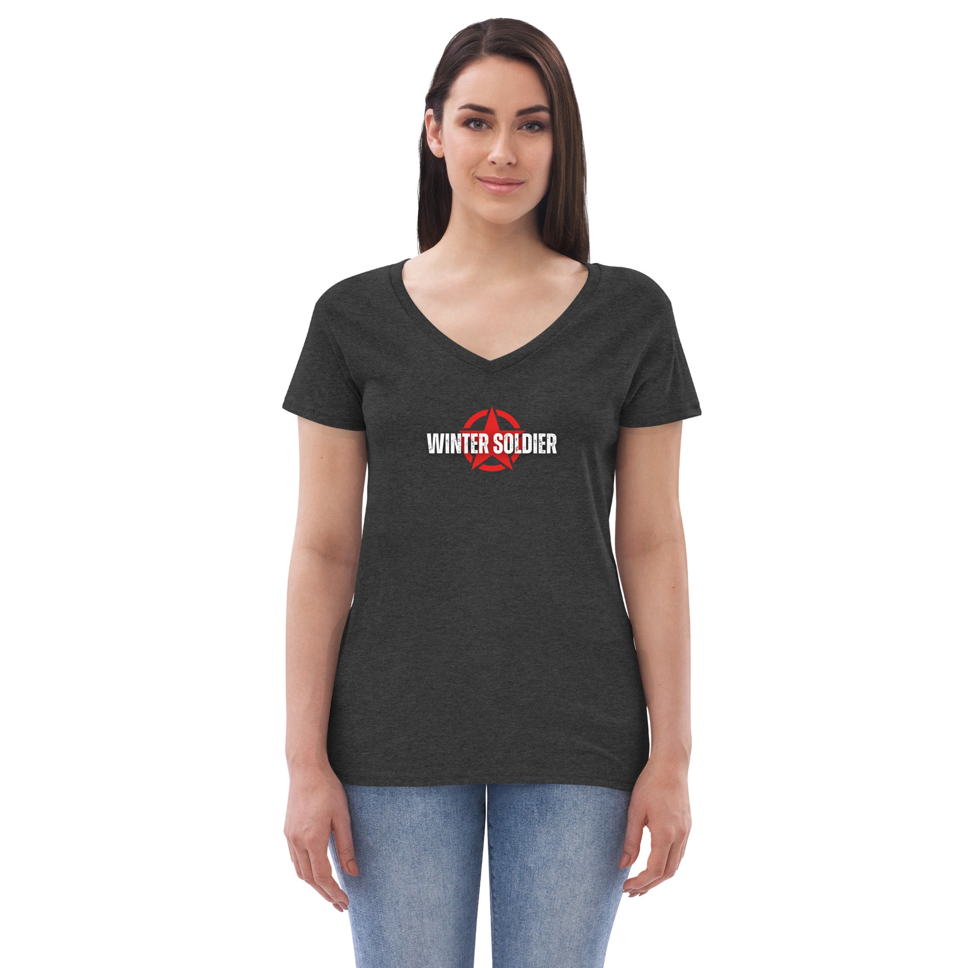 a women's v - neck t - shirt with the words winter soldier on