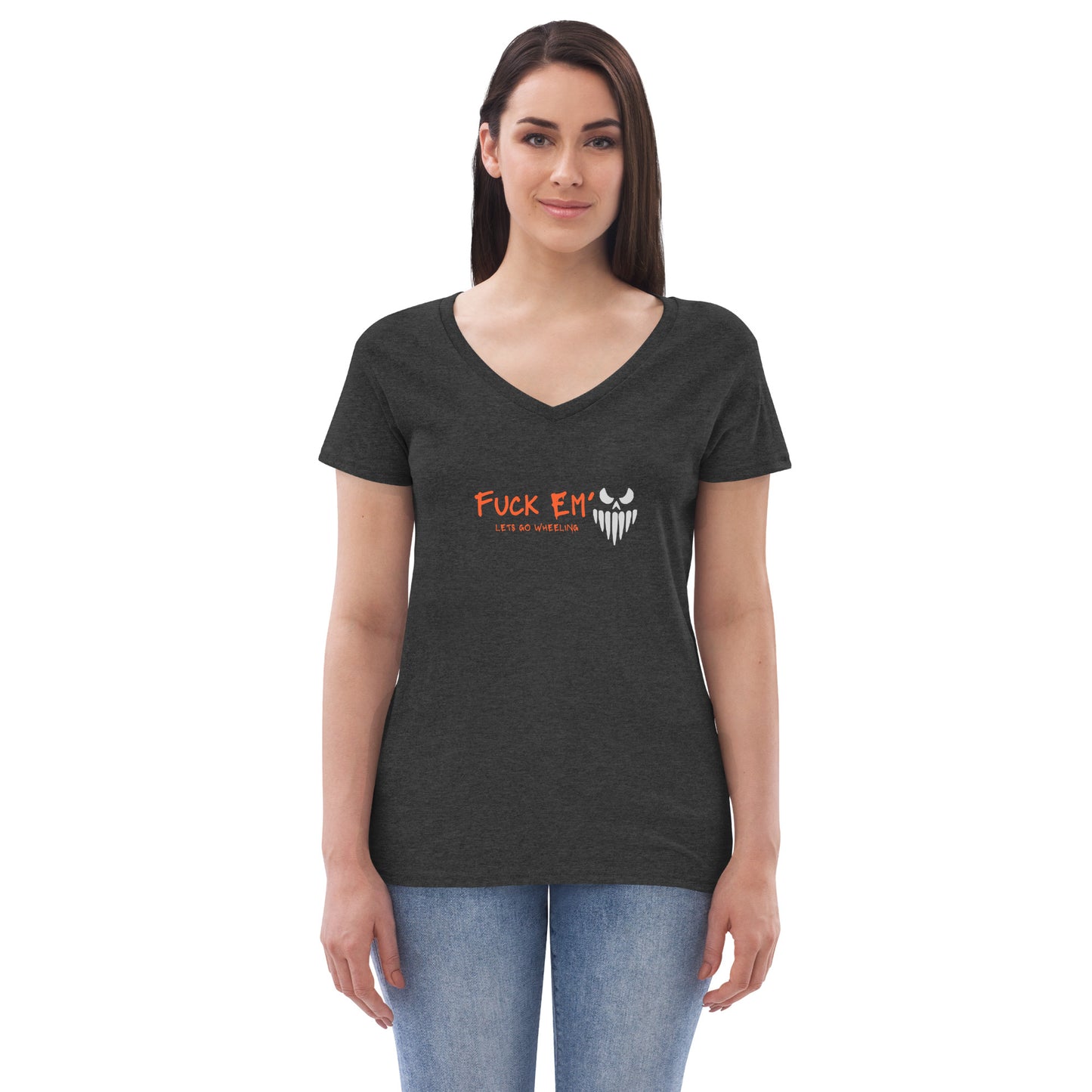 a women's v - neck t - shirt with a fox emo logo