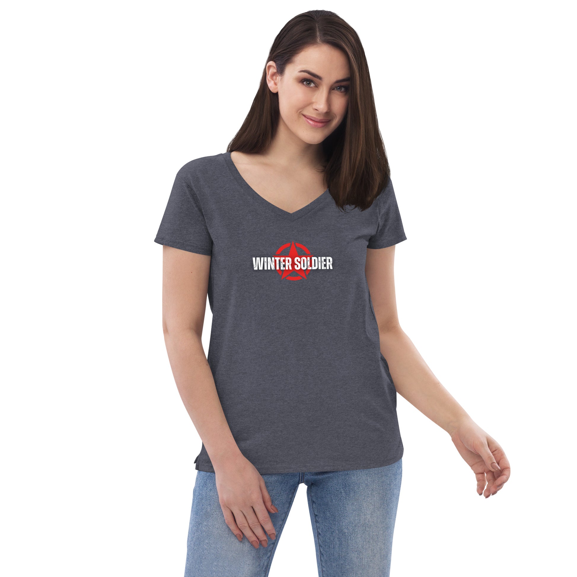 a woman wearing a t - shirt that says winter soldier