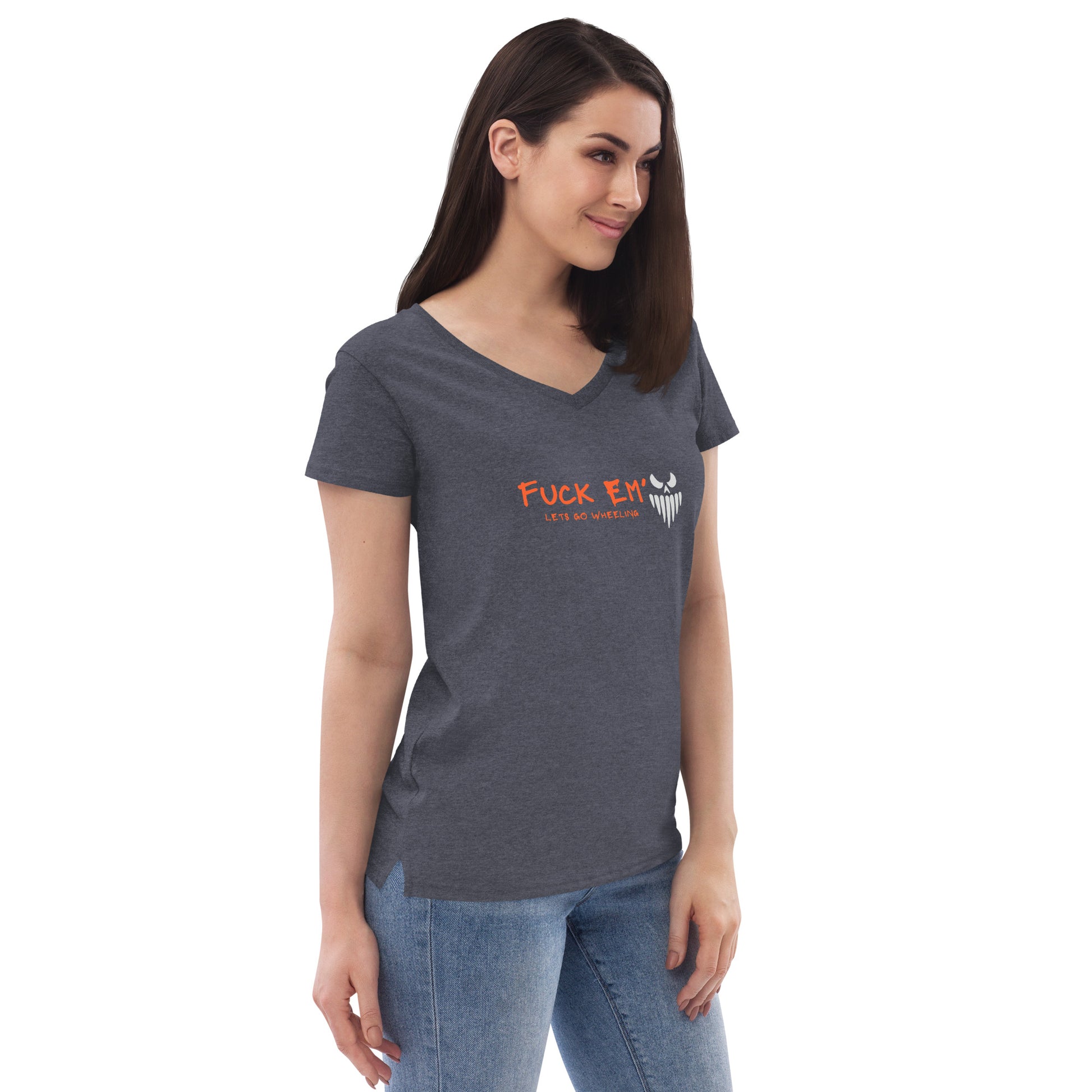 a woman wearing a grey t - shirt with an orange logo