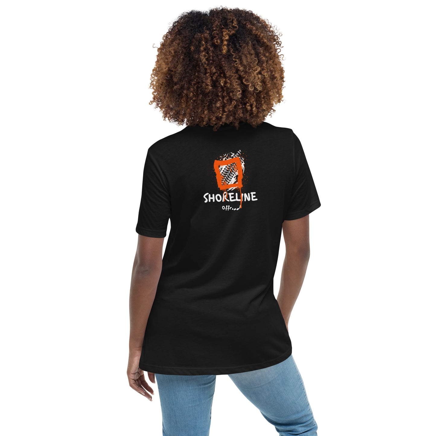 a woman wearing a black t - shirt with the logo of an orange and white