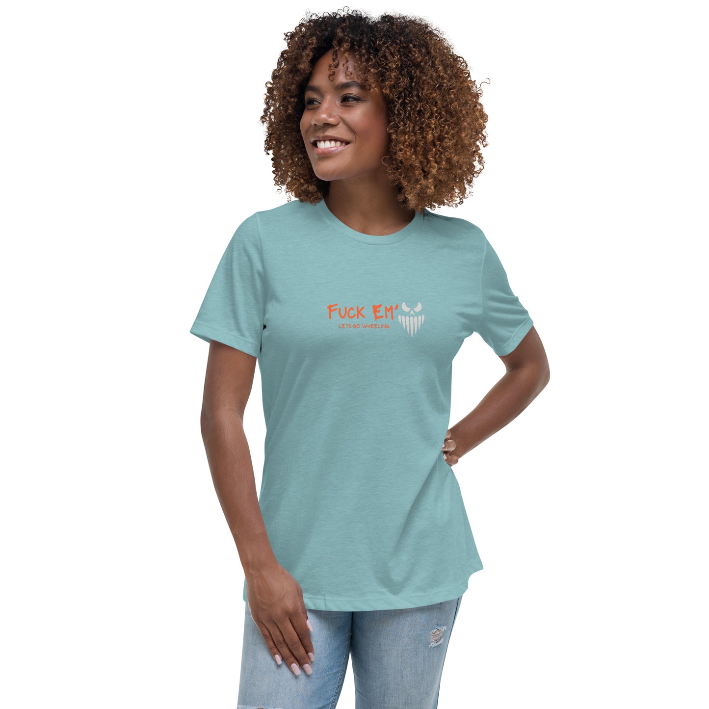 a woman wearing a t - shirt that says f k e on it