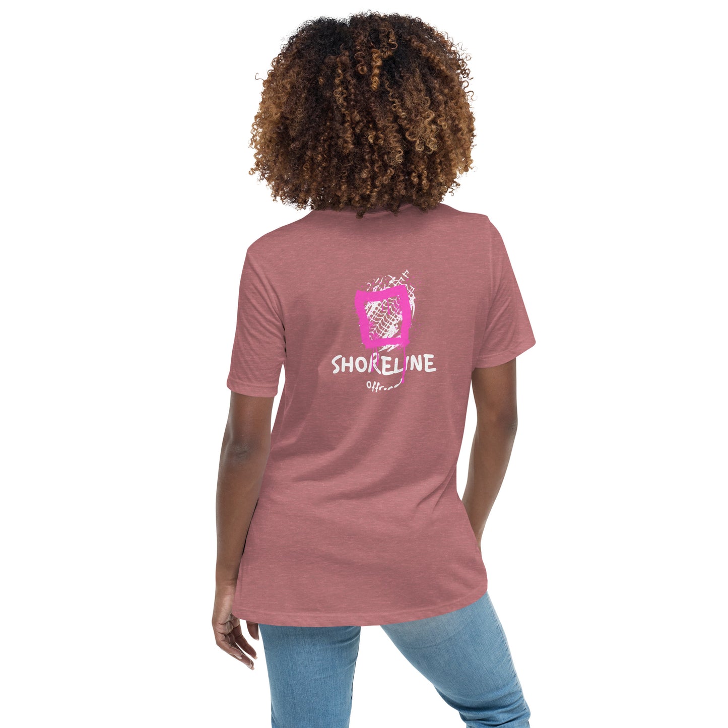 a woman wearing a pink t - shirt with the words smokeline on it