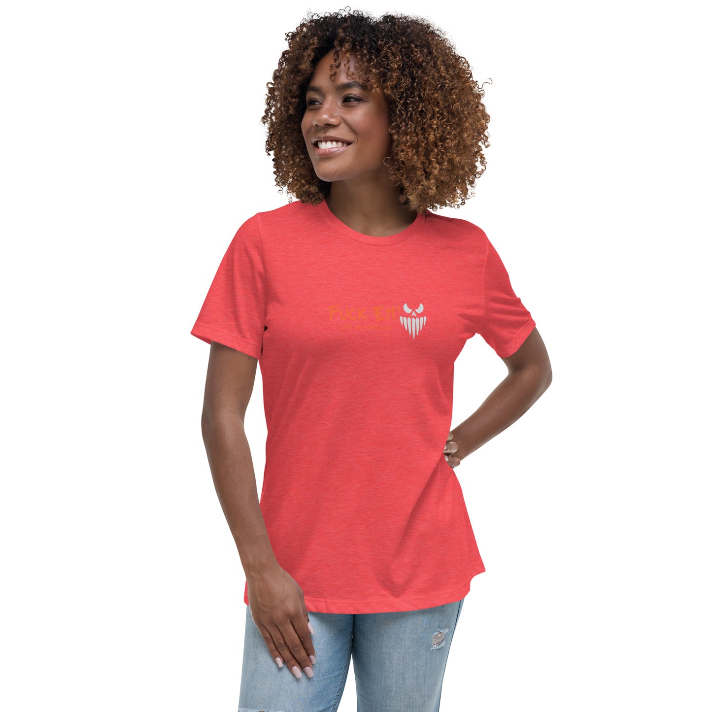 a woman wearing a red t - shirt with an owl on it