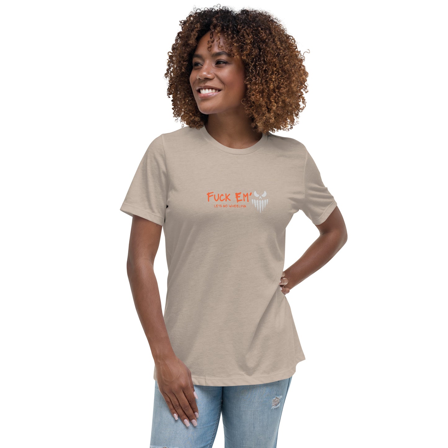 a woman wearing a t - shirt that says f k em