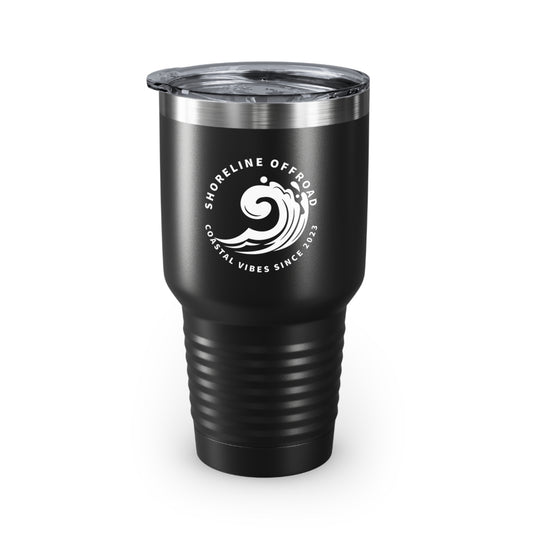 a black tumbler cup with a white logo on it