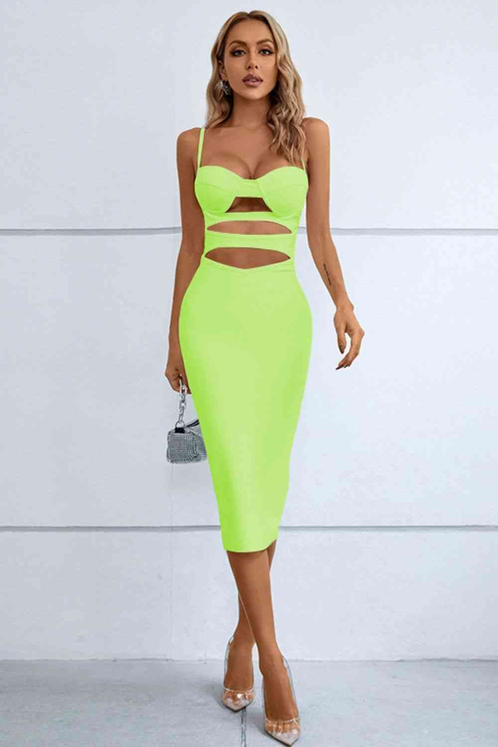 a woman in a neon green dress